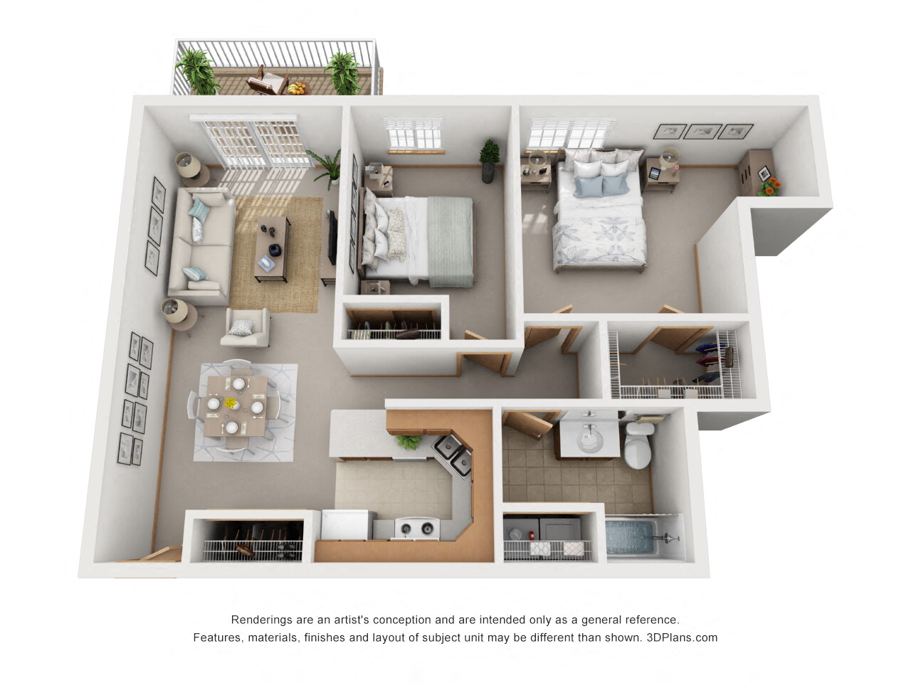 Floor plan for 2 beds, 1 bath, 1053 sqft